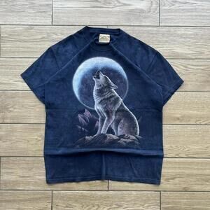 Y2K Blue The Mountain Wolf Print T-Shirt